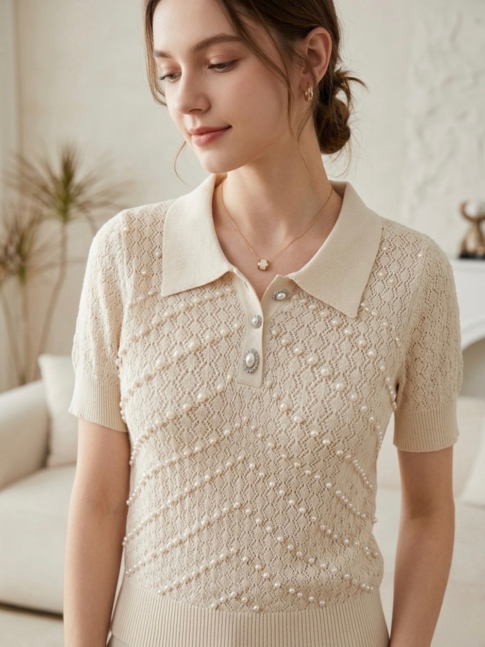 LC Lizette Collection Women’s Cream Knit Polo Top Size Medium